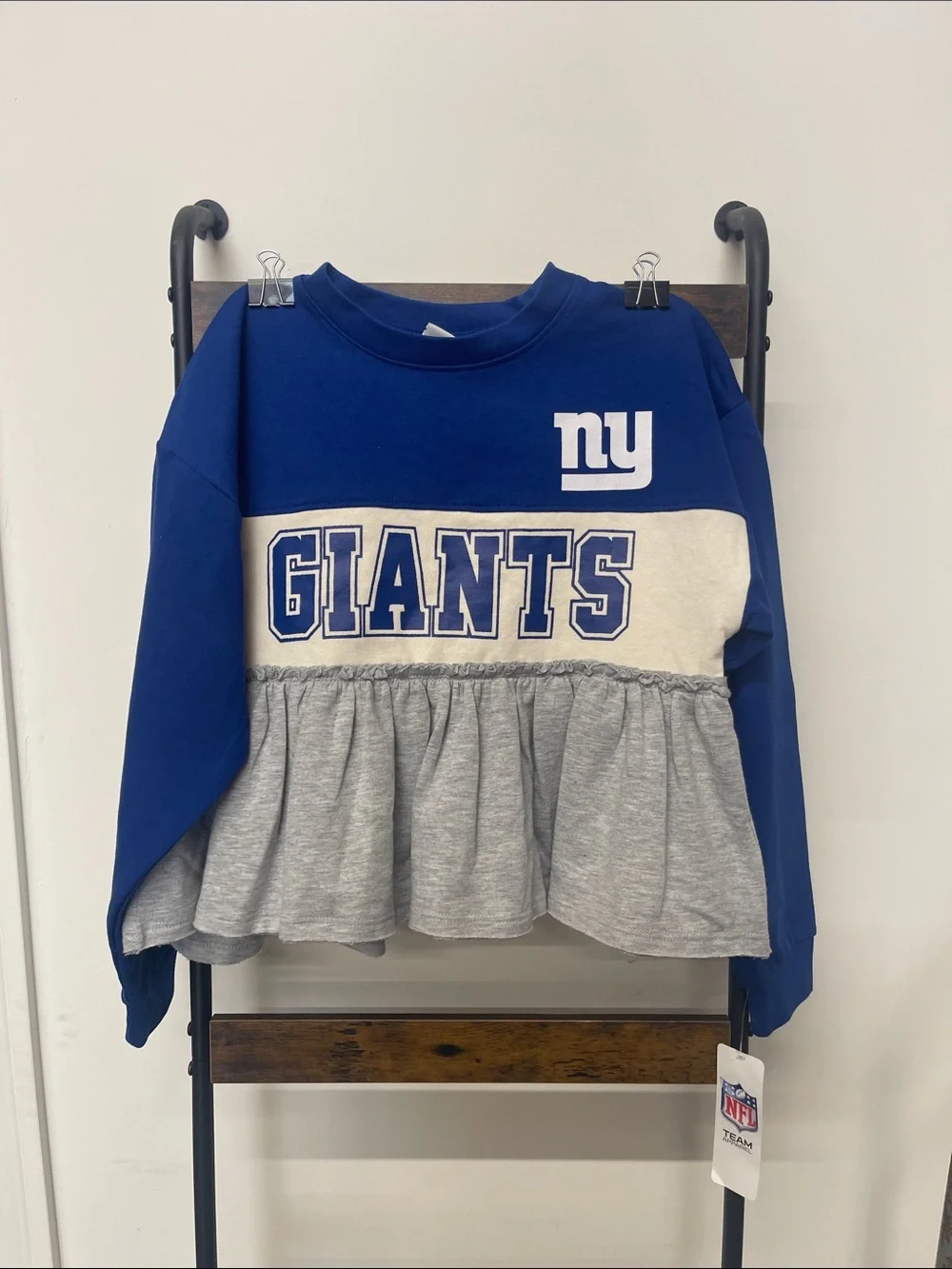 NFL Girls' Royal Blue and Gray Peplum Giants Sweatshirt